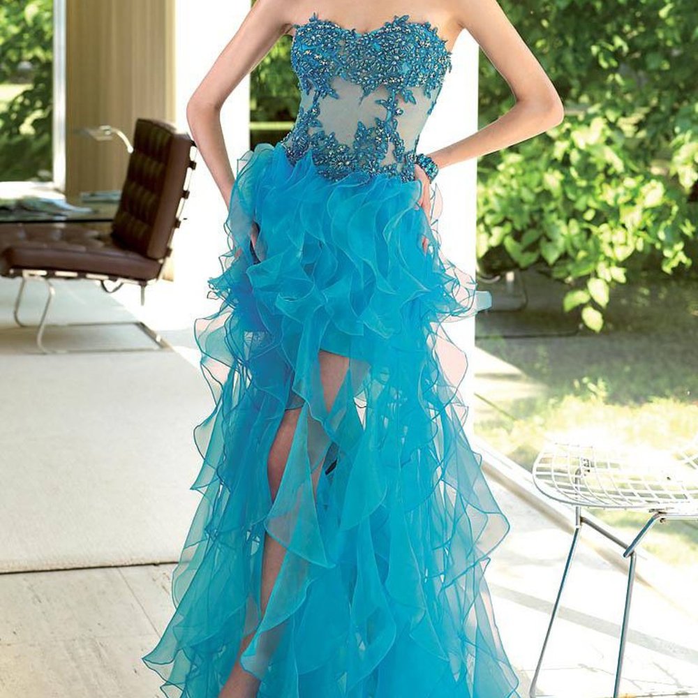 Sexy Blue Strapless Embellished Salsa Style Formal Evening Gown Size 6